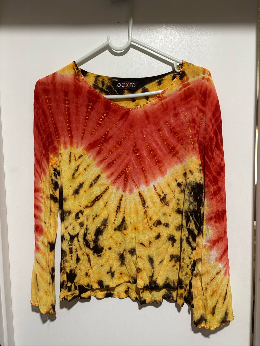 Women's Red & Yellow Tie-Dye Long Sleeve Top